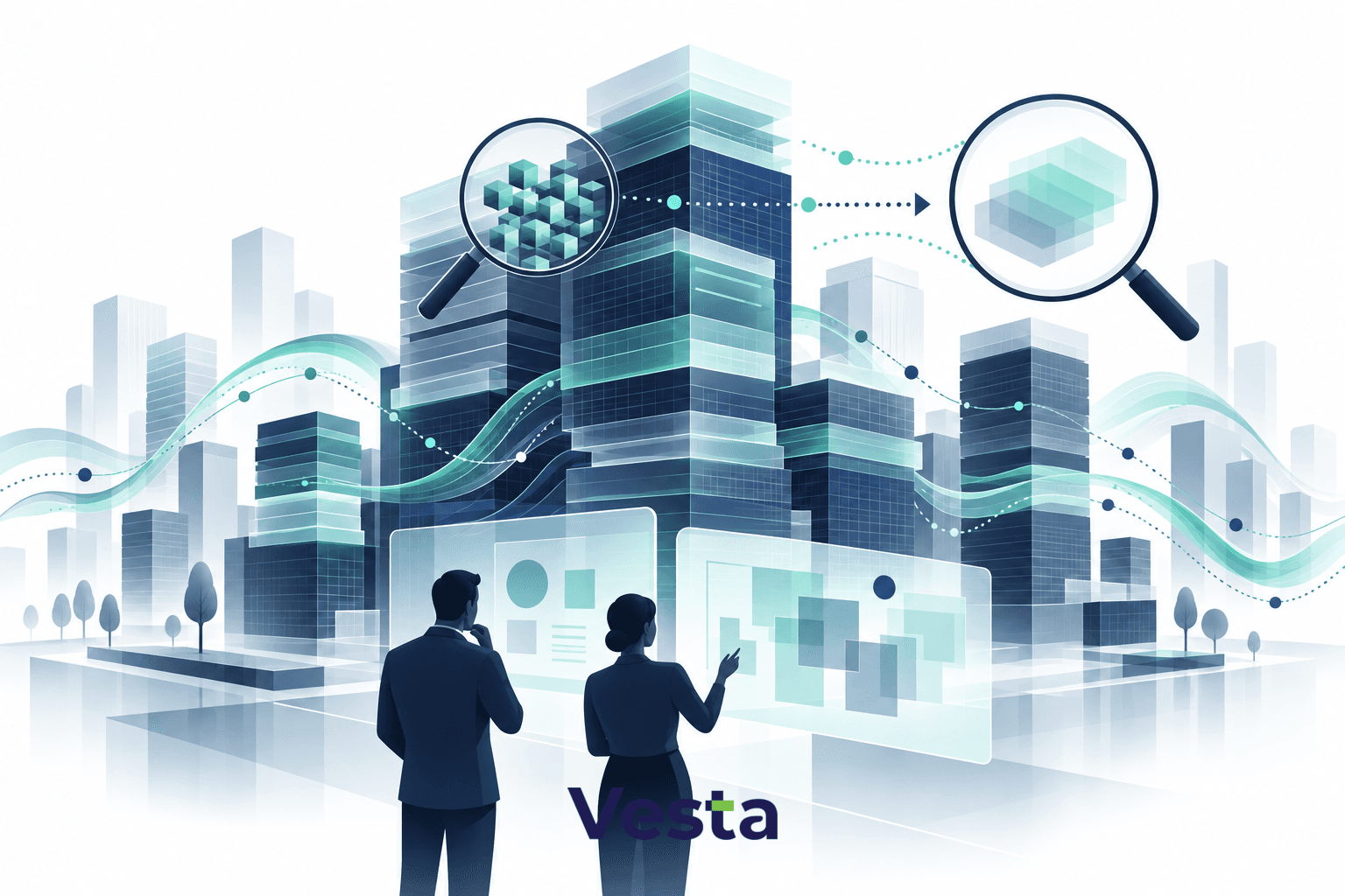 Conceptual editorial illustration showing layered blockchain data being classified into different metrics, with analysts examining dashboards.